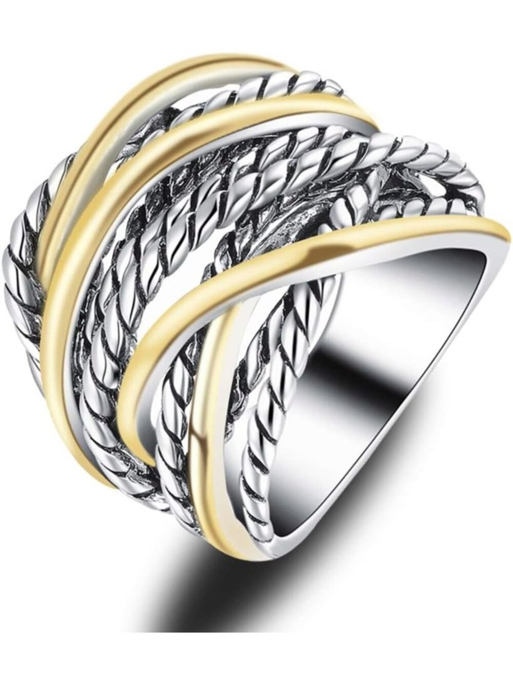 Twisted Rope Two-Tone Wide Band Ring | Braided Statement Jewelry for Women